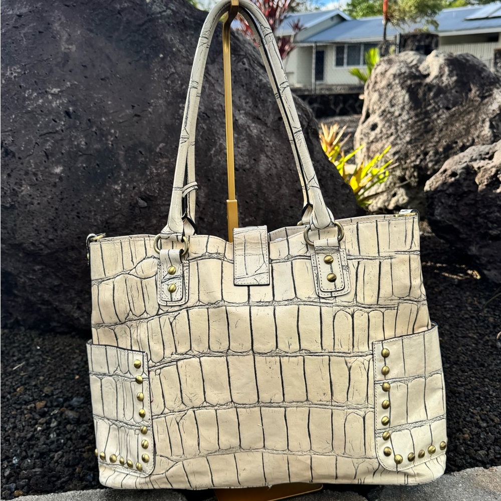 Sharif Studio Cream Croc Embossed Studded Tote Bag - Picture 8 of 15